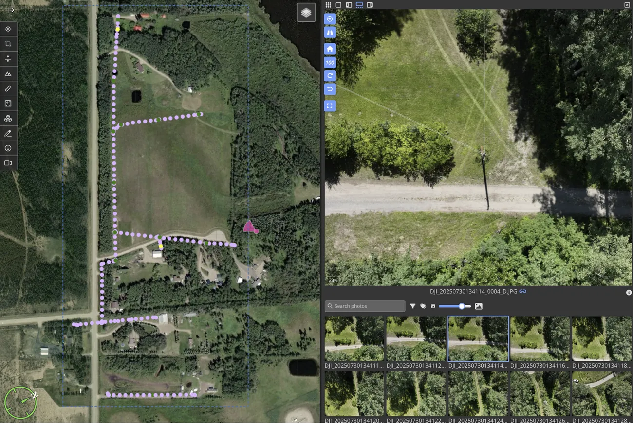 Drone capture review showing a distribution line flight path with photo positions on a map beside the selected image of a pole and span